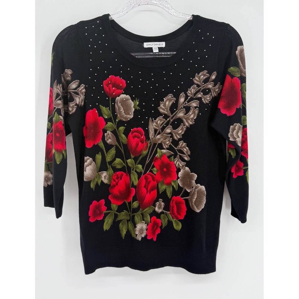 Emily Daniels Womens Black Floral Embroidered Rhinestone 3/4 Slv Sweater Sz PM
